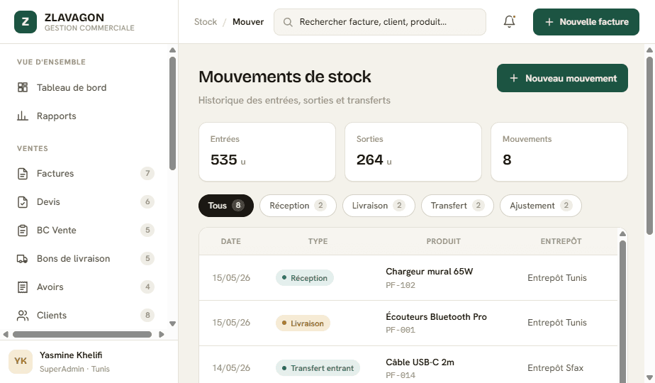 Mouvements de stock dans ZLAVAGON